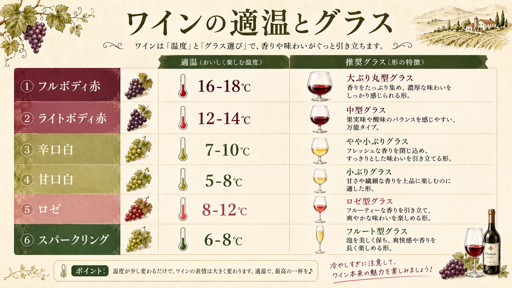 ワインの適温とグラス早見表