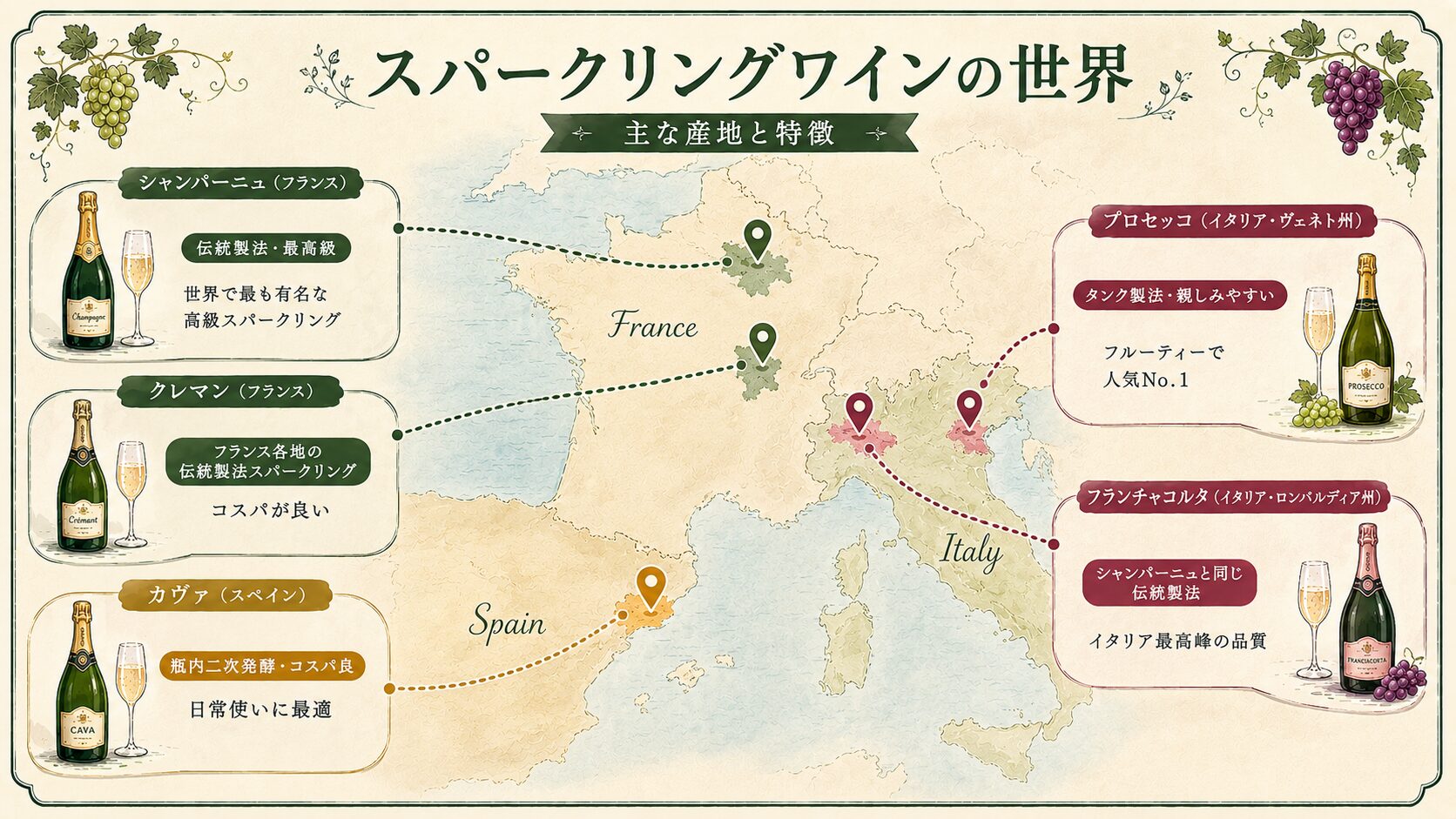 スパークリングワインの主な産地マップ