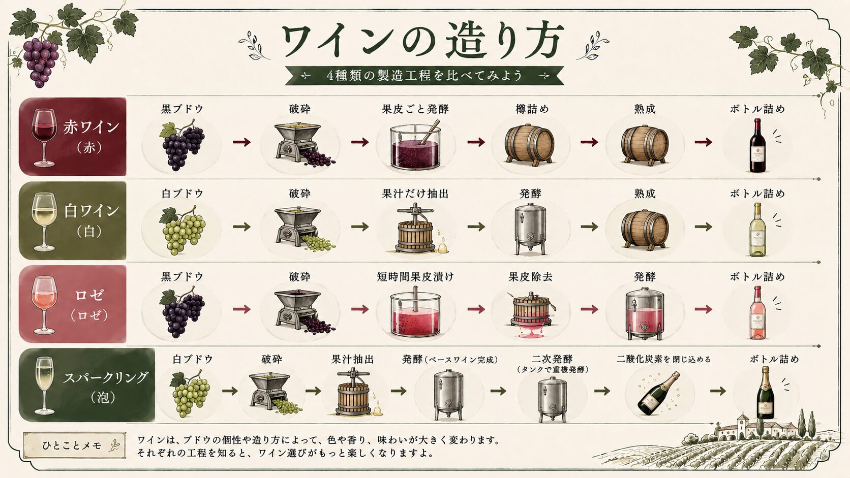 ワインの造り方（4種類比較フロー）