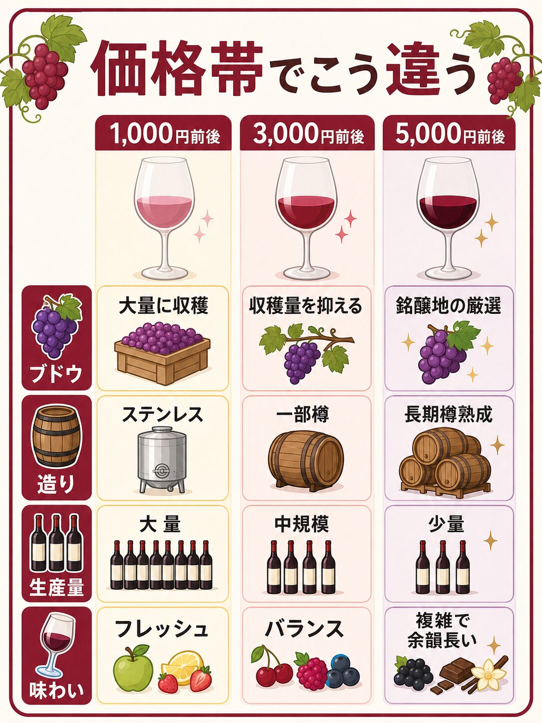 価格帯別のワインの中身の違い（1000円・3000円・5000円）