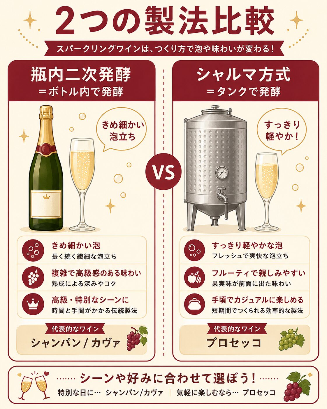 スパークリングワインの2つの製法（瓶内二次発酵とシャルマ方式）の比較図