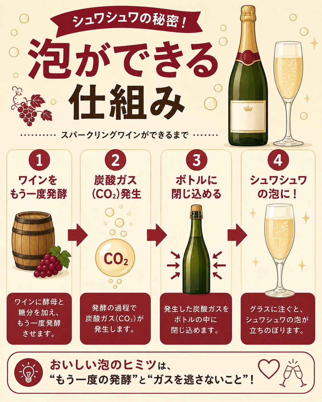 スパークリングワインの泡ができる仕組みの図解