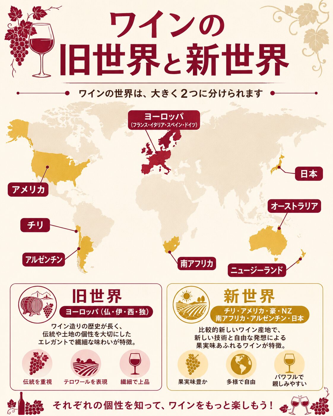 ワインの旧世界と新世界を示した世界地図