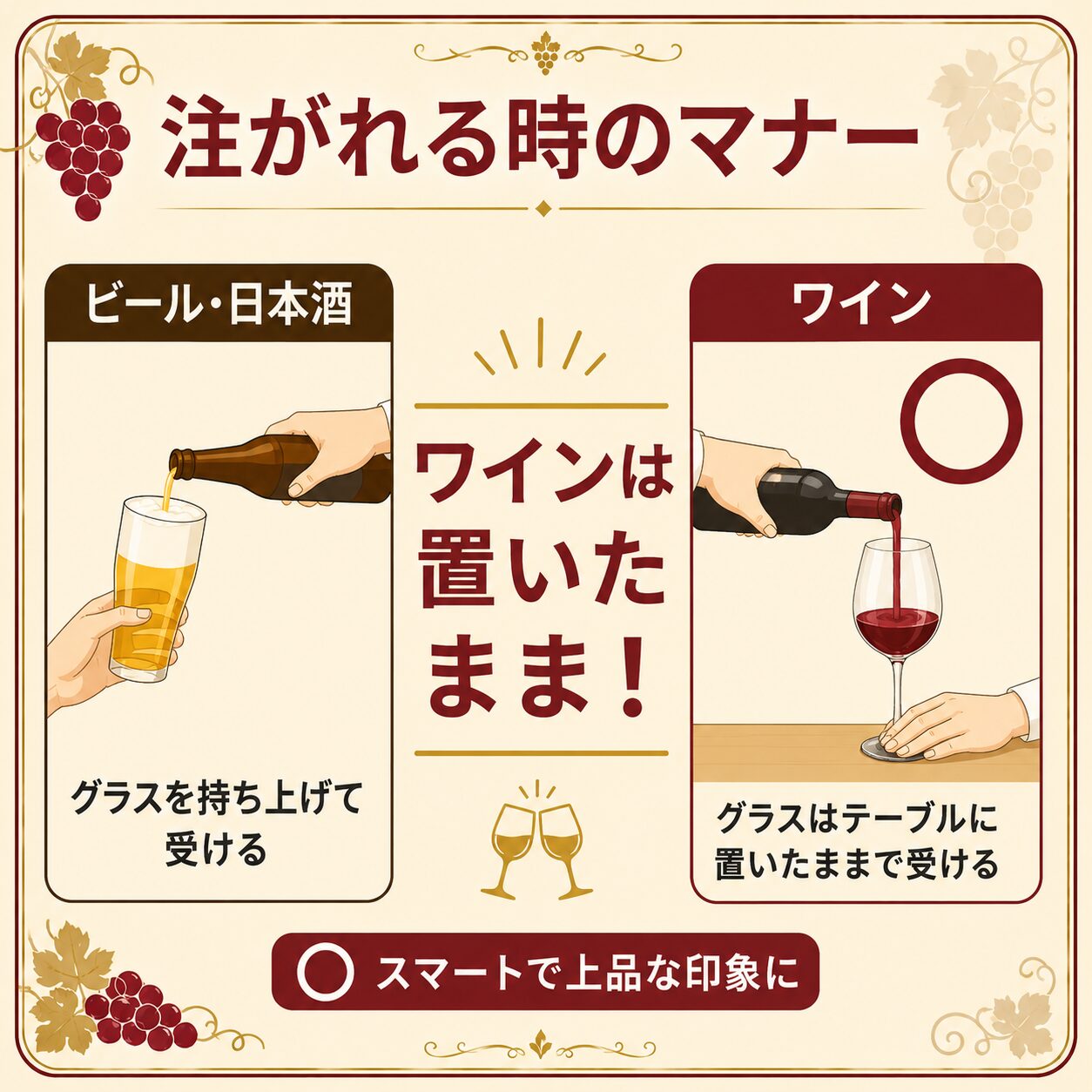 ワインを注がれる時はグラスを置いたまま|ビール・日本酒との違い