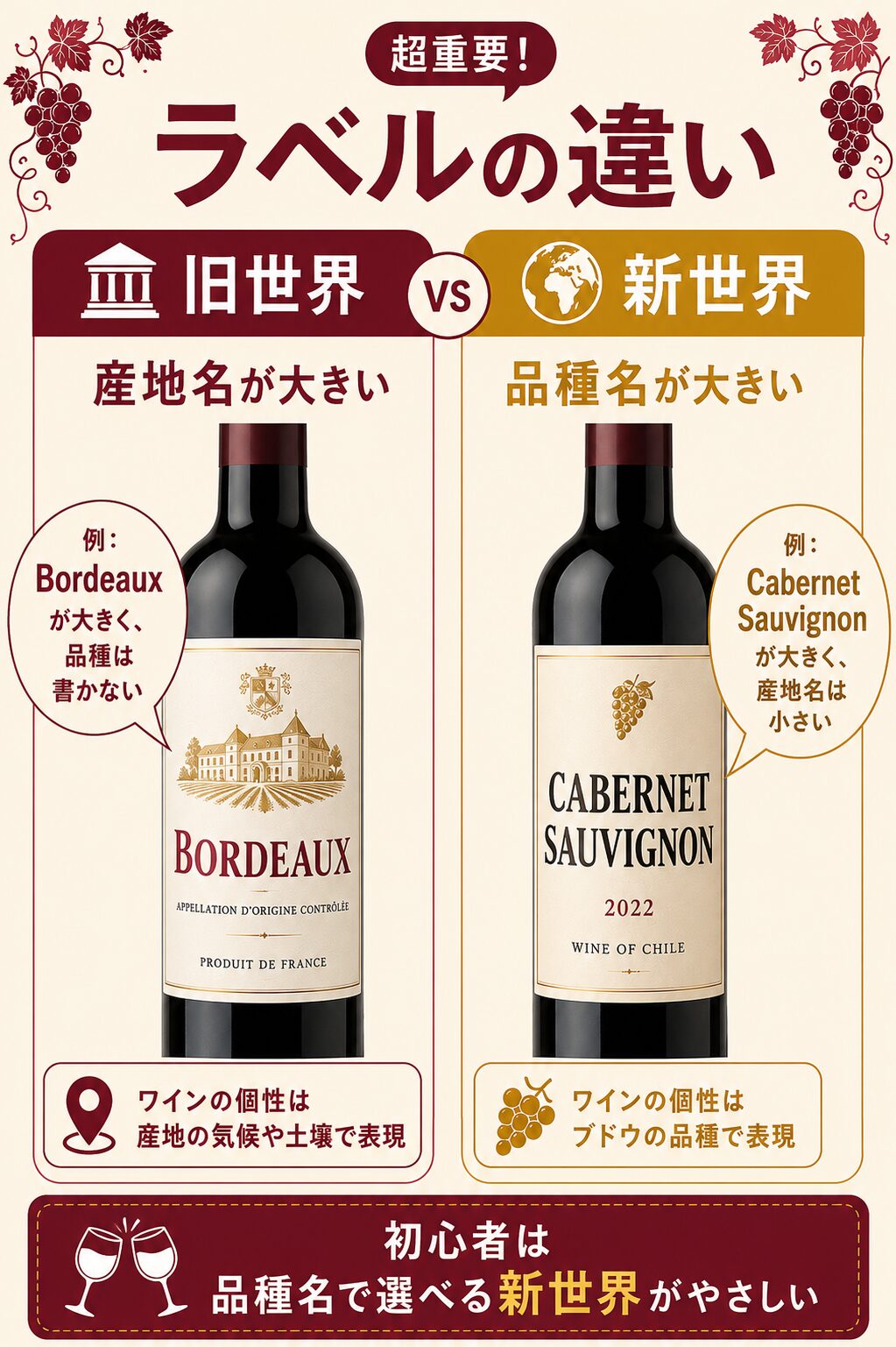 旧世界と新世界のワインラベルの違い（産地名と品種名）