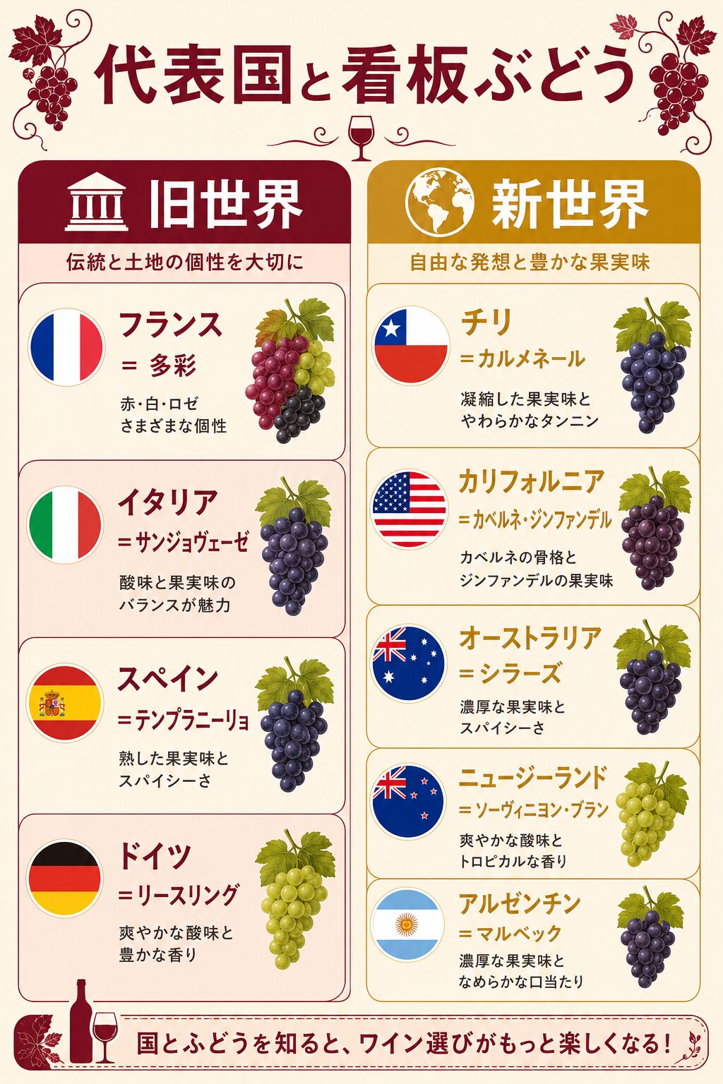旧世界と新世界の代表国と看板ぶどう