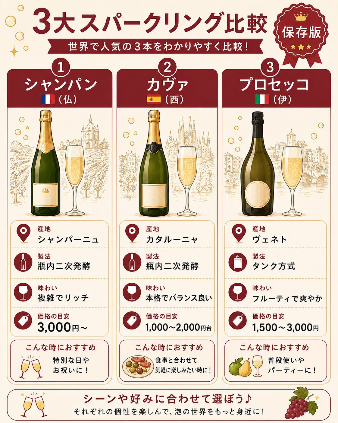 シャンパン・カヴァ・プロセッコ 3大スパークリング比較表（保存版）