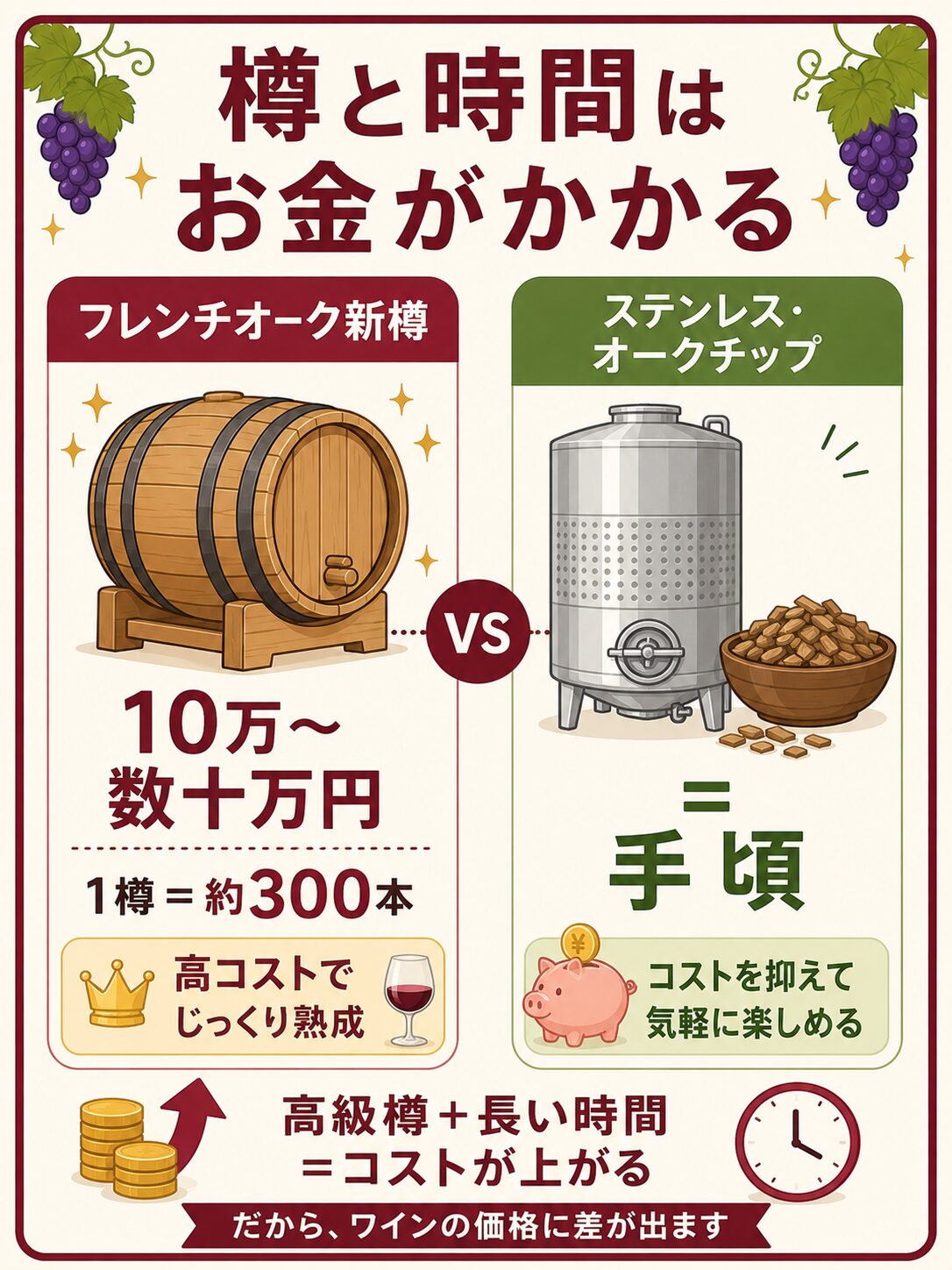 樽と時間のコスト（フレンチオーク新樽とステンレス）