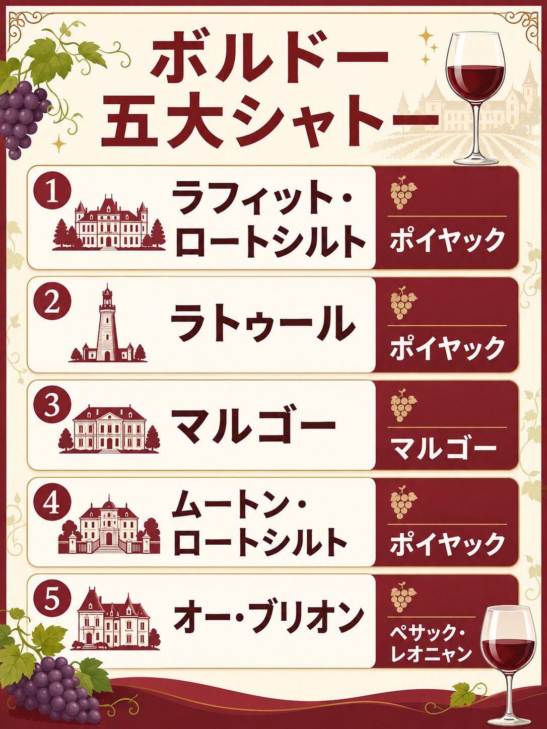 ボルドー五大シャトーの一覧と産地