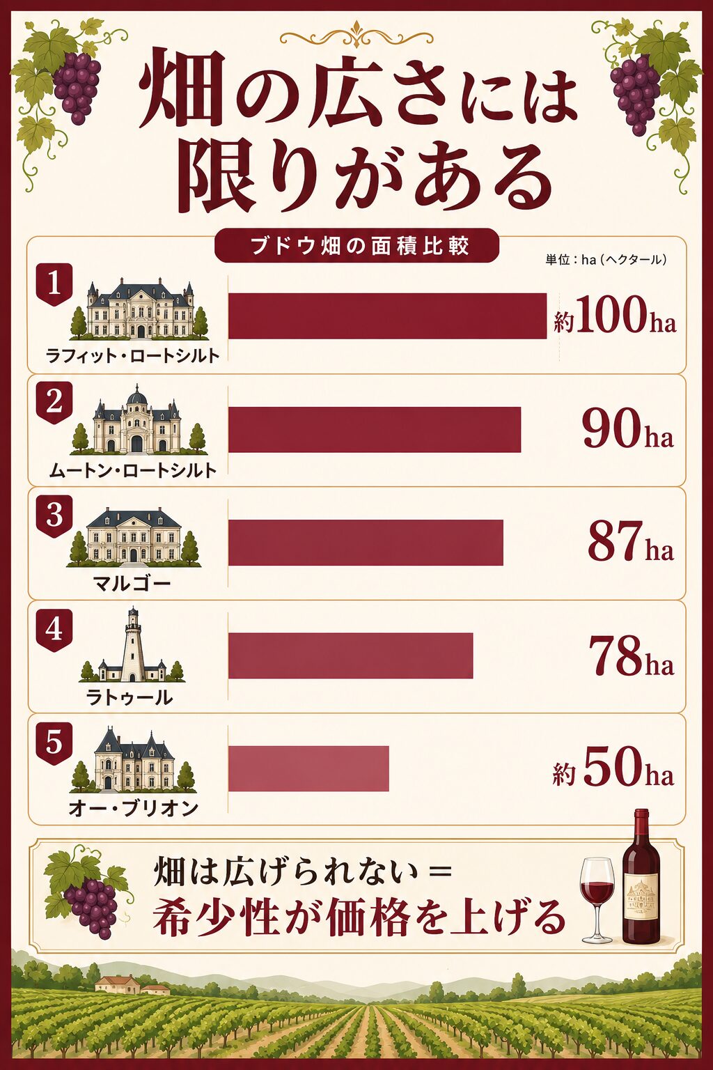 五大シャトーのブドウ畑の面積比較
