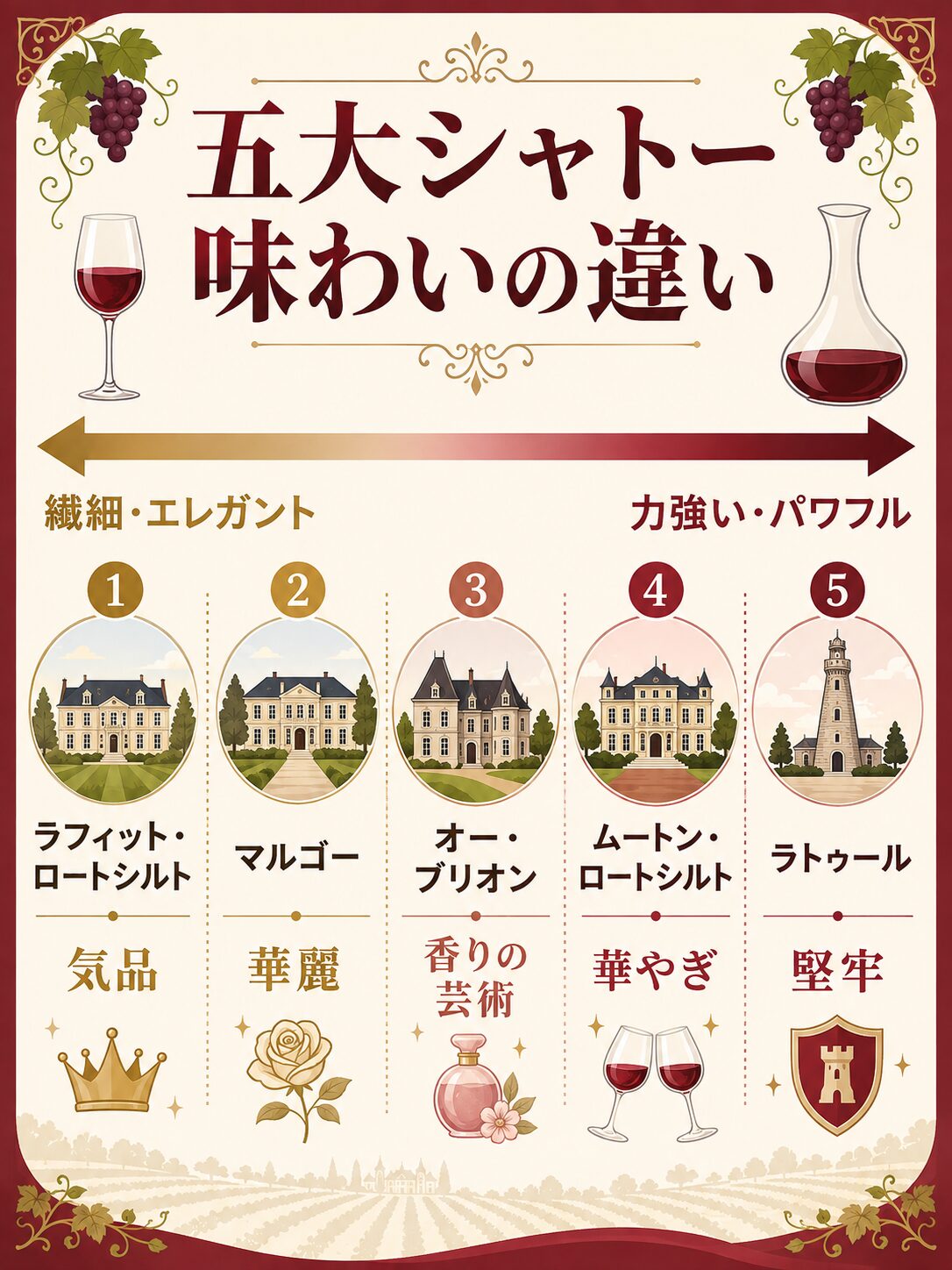 五大シャトーの味わいの違い（繊細から力強いまで）
