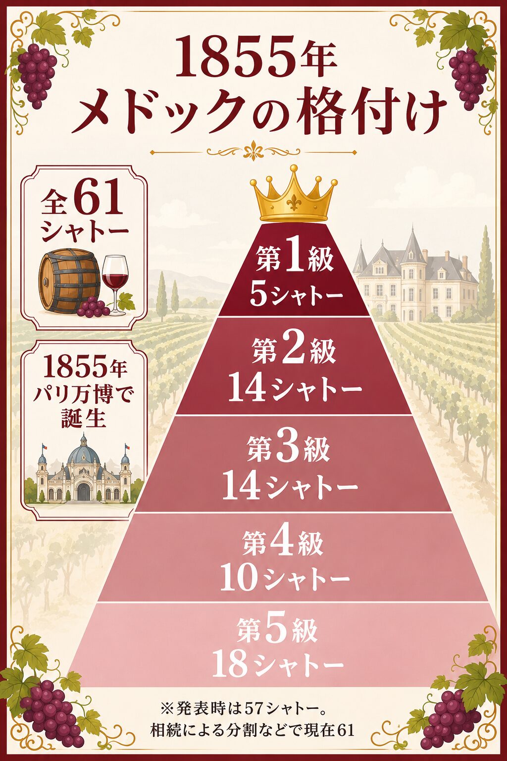 1855年メドックの格付けピラミッド（第1級5・第2級14・第3級14・第4級10・第5級18）