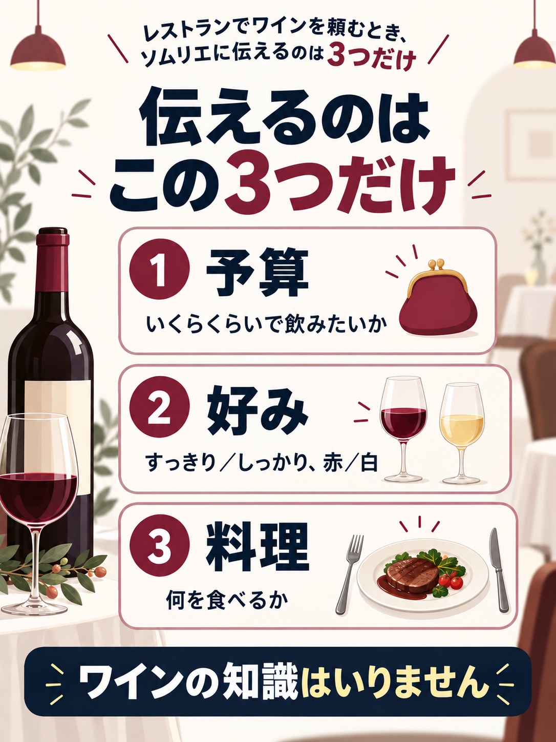 ソムリエに伝える3つ(予算・好み・料理)の図解