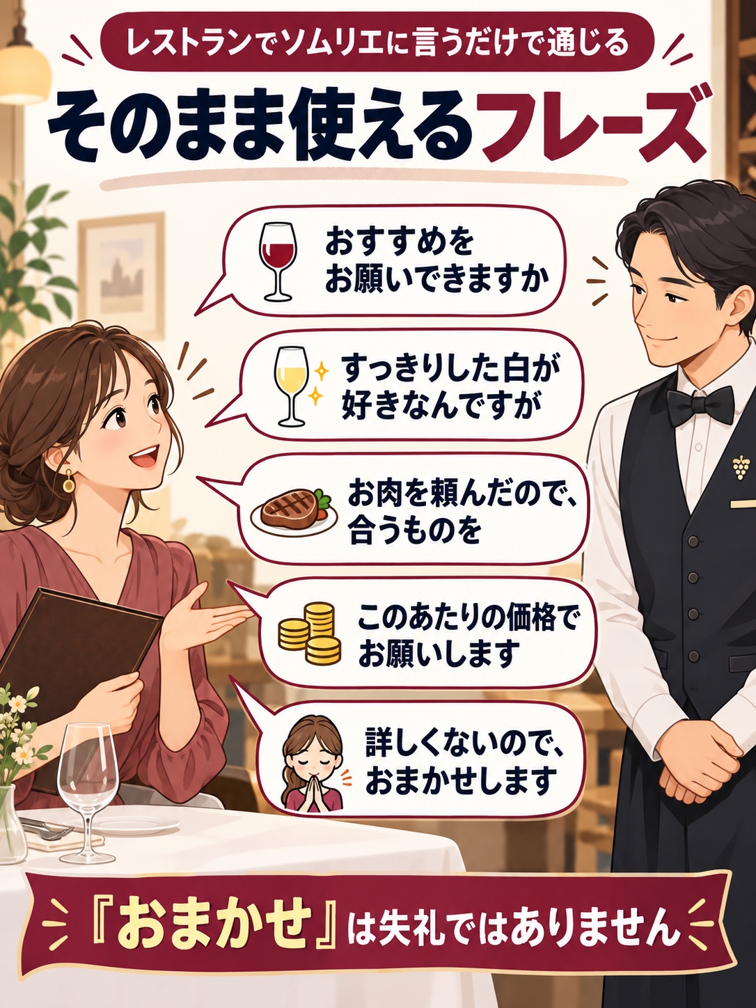 レストランでソムリエに使えるフレーズ5つの図解