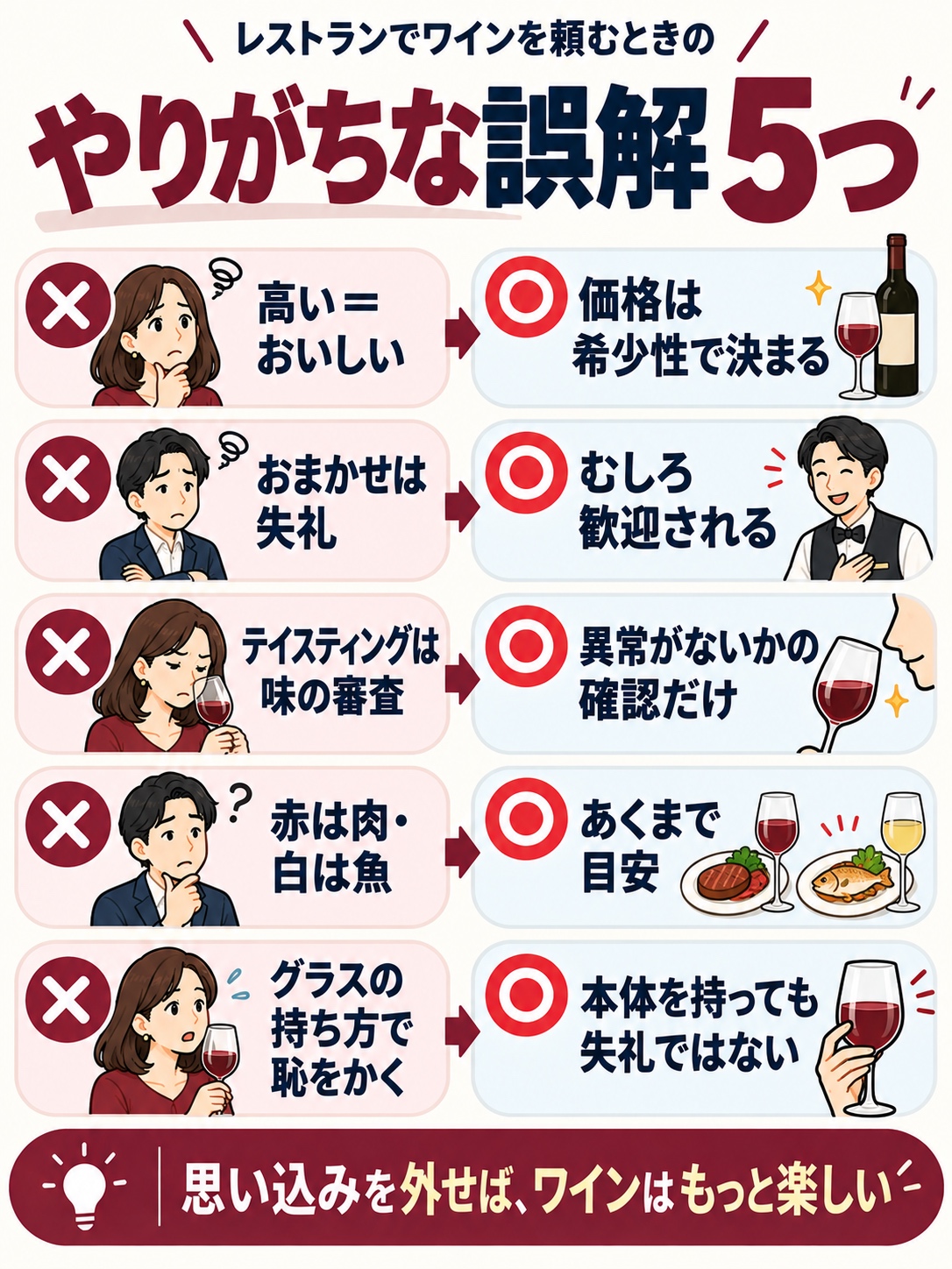 レストランでのワイン注文でやりがちな誤解5つの図解